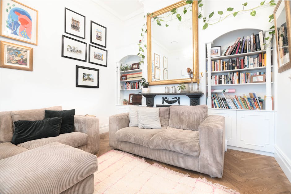 A bright, well-maintained living room with white walls adorned with framed artwork and photographs. The room features a beige sofa with a textured fabric, accented by dark and light cushions, and a ma